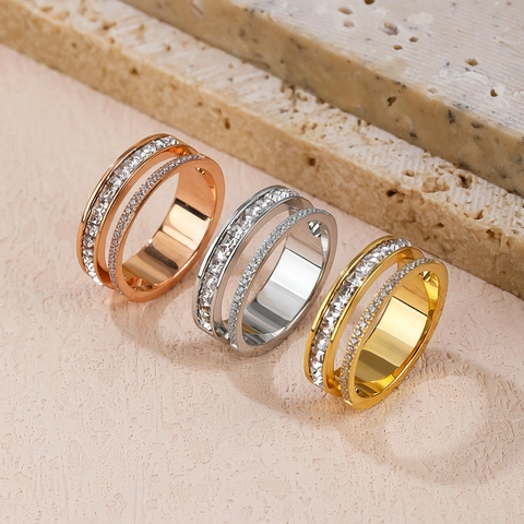 Fashion Stainless Steel Double Layer Hollow Zirconia Rings For Women Gold Rose Gold Silver Gypsy Starry Jewelry Gift