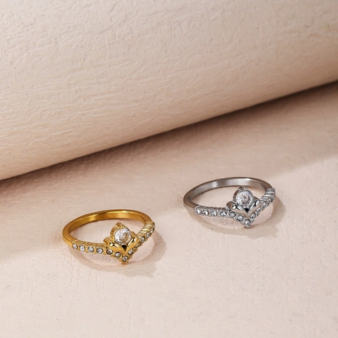 Vintage Roestvrij Staal Hart V-vormige Kroon Ring Voor Vrouwen Luxe Strass Ingelegde Verstelbare Vinger Sieraden Cadeau