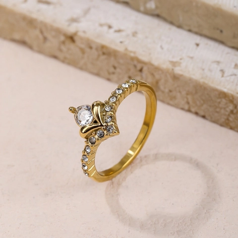 Vintage Roestvrij Staal Hart V-vormige Kroon Ring Voor Vrouwen Luxe Strass Ingelegde Verstelbare Vinger Sieraden Cadeau