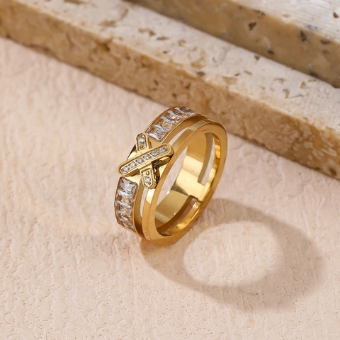Koreaanse Stijl Titanium Staal Zirkonia Dubbellaagse X-Kruis Ring Voor Dames Elegante Goud Zilver Vergulde Sieraden Cadeau