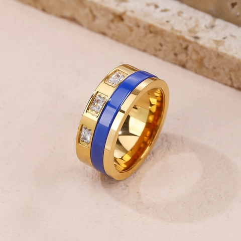 Stainless Steel Ring For Women With Cubic Zirconia Inlay And Ceramic-Look Enamel Minimalist Design Luxury Band Finger Jewelry