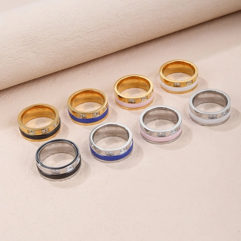 Stainless Steel Ring For Women With Cubic Zirconia Inlay And Ceramic-Look Enamel Minimalist Design Luxury Band Finger Jewelry