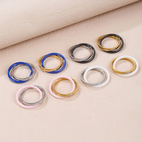 Modern Stainless Steel Interlocking Double Ring For Women Ceramic Style Zirconia Inlaid Minimalist Fashion Ring Jewelry