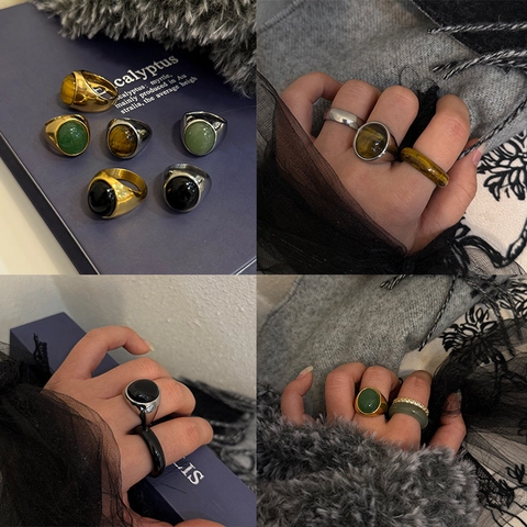 Vintage Titanium Steel Oval Natural Stone Ring Gold Silver Plated Obsidian Tiger's Eye Aventurine Women Signet Ring