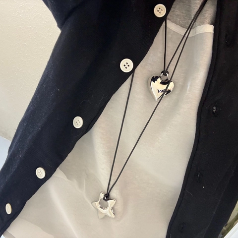 Collar Largo con Colgante de Corazón y Estrella de Acero Inoxidable Cobre Cordón Negro Joyería Regalo para Mujeres Niñas Cadena de Moda