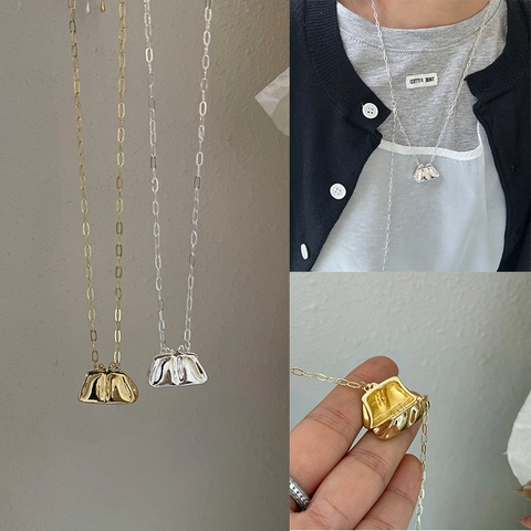 Vintage Copper Mini Bag Pendant Necklace For Women Long Chain Pleated Cloud Clutch Design Korean Fashion Jewelry Gift