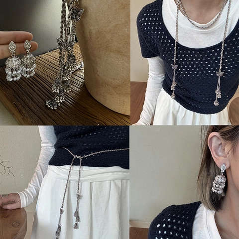Vintage Ethnic Titanium Steel Butterfly Tassel Waist Chain Necklace 925 Sterling Silver Post Rhinestone Pearl Jhumka Earrings Set
