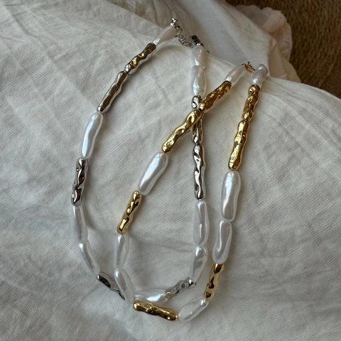 Baroque Imitation Pearl Necklace Alloy Irregular Metal Tube Clavicle Chain For Women Minimalist Fashion Jewelry Gold Silver