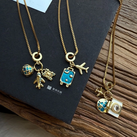 Gold Plated Titanium Steel Box Chain Travel Airplane Globe Camera Suitcase Pendant Necklace For Women Vacation Jewelry
