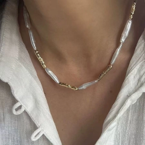 Baroque Imitation Pearl Necklace Alloy Irregular Metal Tube Clavicle Chain For Women Minimalist Fashion Jewelry Gold Silver