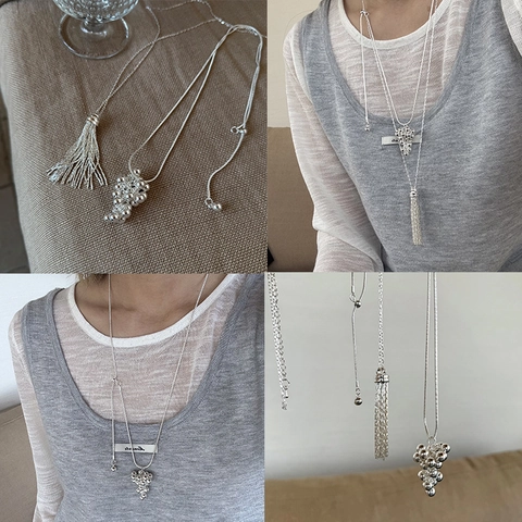 Elegant Silver Plated Copper Grape Bunch Tassel Necklace Women Minimalist Long Sweater Chain Heart Pine Cone Pendant
