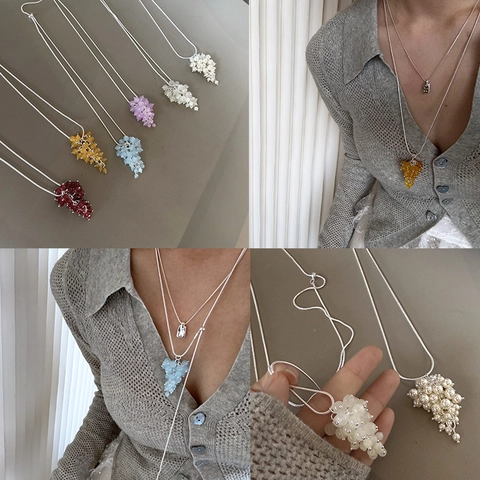 Korean Style Grape Cluster Pendant Necklace For Women Adjustable Copper Long Sweater Chain Jewelry With Artificial Pearl Accents