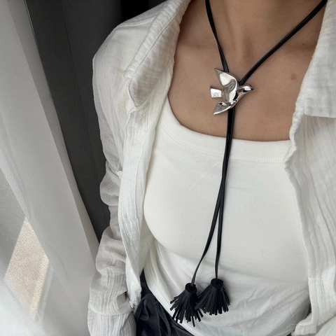 Vintage Copper Bird Pendant Long Necklace For Women Leather Cord Tassel Bolo Tie Style Adjustable Sweater Chain Jewelry