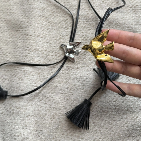 Vintage Copper Bird Pendant Long Necklace For Women Leather Cord Tassel Bolo Tie Style Adjustable Sweater Chain Jewelry
