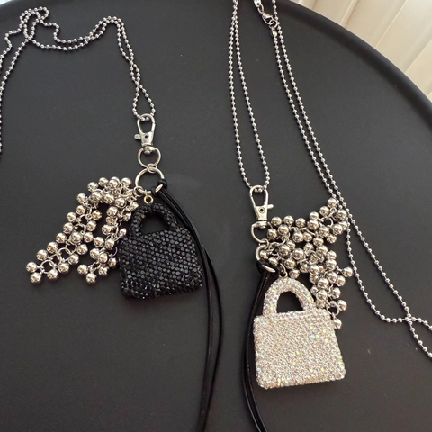 Korean Style Mini Handbag Pendant Long Necklace For Women Alloy Rhinestone Water Bottle Shape Bag Charm Sweater Chain Jewelry
