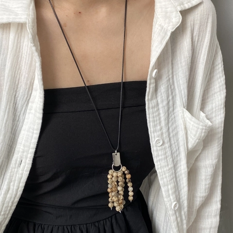 Bohemian Natural Stone Tassel Long Beaded Necklace Vintage Alloy Artificial Pearl Pendant Sweater Chain Jewelry For Women