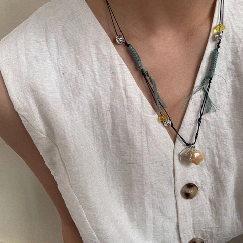 Bohemian Handmade Woven Necklace For Women Alloy Heart Pendant Natural Stone Ceramic Star House Charms Adjustable Rope Chain Jewelry