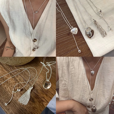 Minimalist Silver Plated Copper Heart Pendant Necklace For Women Long Tassel Waterdrop Grape Bead Sweater Chain Jewelry Accessories