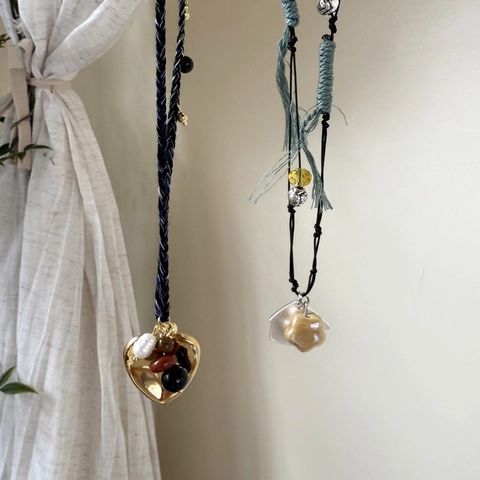 Bohemian Handmade Woven Necklace For Women Alloy Heart Pendant Natural Stone Ceramic Star House Charms Adjustable Rope Chain Jewelry