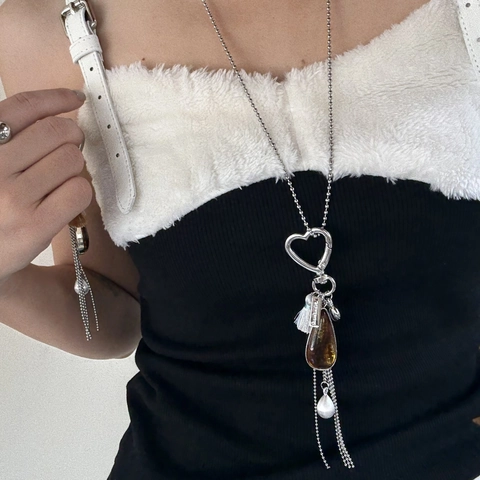 Vintage Stainless Steel Heart Carabiner Long Necklace With Resin Water Drop Pendant Silk Tassel Artificial Pearl Sweater Chain Women