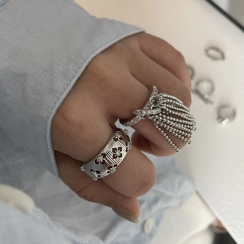 Women Fashion Adjustable Open Ring Copper Resin Zircon Heart Star Geometric Tassel Wide Finger Ring Minimalist Jewelry Gift