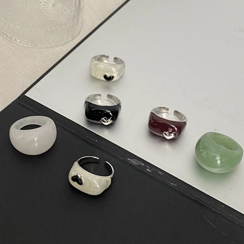 Korean Style Copper Ring Enamel Heart Design Natural Stone White Crystal Green Dongling Thick Band Vintage Finger Jewelry Women Accessory