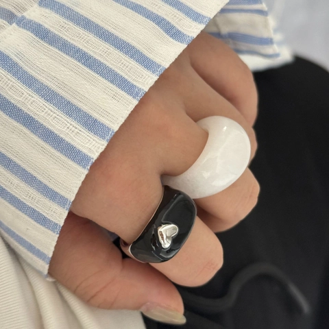 Korean Style Copper Ring Enamel Heart Design Natural Stone White Crystal Green Dongling Thick Band Vintage Finger Jewelry Women Accessory