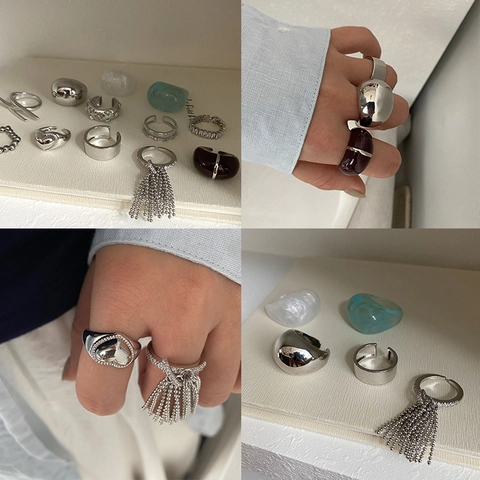 Women Fashion Adjustable Open Ring Copper Resin Zircon Heart Star Geometric Tassel Wide Finger Ring Minimalist Jewelry Gift