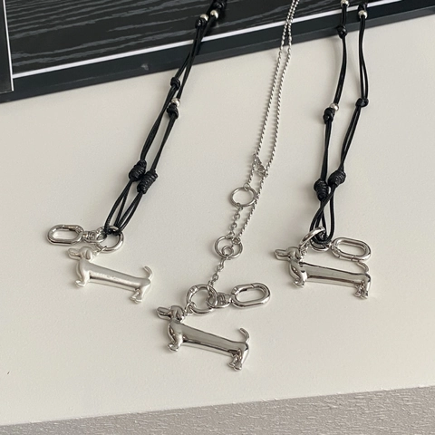 Cute Silver Alloy Dachshund Dog Pendant Necklace Long Black Cord Stainless Steel Artificial Pearl Chain Jewelry For Women Fashion Gift