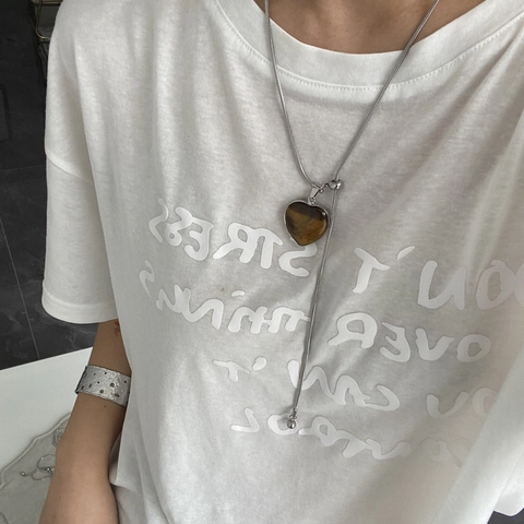Collier Pendentif Cœur en Acier Inoxydable Chic Pierre Naturelle Oeil de Tigre Quartz Rose Pour Femmes Bijoux Réglables