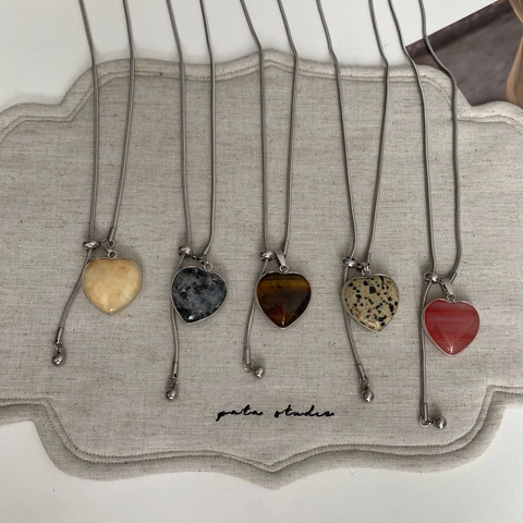 Collier Pendentif Cœur en Acier Inoxydable Chic Pierre Naturelle Oeil de Tigre Quartz Rose Pour Femmes Bijoux Réglables