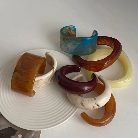 Vintage Resin Bangle Bracelet Marble Tortoiseshell Pattern Exaggerated Thick Open C-Shape Wristband For Women Fashion Jewelry