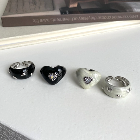 Korean Style Enamel Heart Open Ring For Women Copper Zirconia Inlaid Adjustable Geometric Black Artificial Pearl White Drip Oil Finger Jewelry Gift