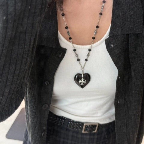 Gothic Heart Cross Pendant Necklace Stainless Steel Black Glass Glaze Y2K Sweet Cool Chunky Link Chain Jewelry For Women