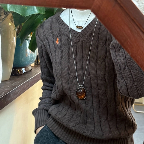 Vintage Irregular Round Resin Pendant Necklace For Women Minimalist Maillard Style Stainless Steel Adjustable Sweater Chain