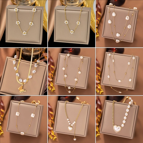 French Elegant Titanium Steel Artificial Pearl Pendant Necklace For Women Gold Plated Minimalist Clavicle Chain Jewelry