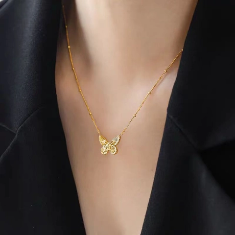 Collar de Mariposa Vintage Francés en Acero Inoxidable Chapado en Oro Con Colgante de Mariposa Joyería para Mujer