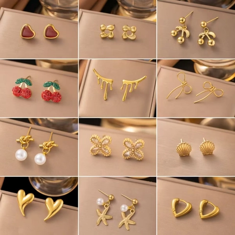 304 Edelstahl Ohrringe Für Damen Gold Silber Plattiert Herz Blume Kirsche Schleife Muschel Künstliche Perle Zirkonia Hängeohrringe Minimalistischer Nischen Schmuck