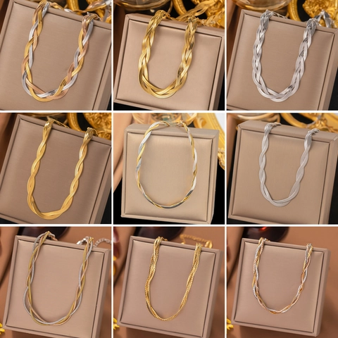 Minimalist Stainless Steel Braided Snake Bone Chain Jewelry Set For Women Gold Silver Tri-color Multi Layer Necklace Bracelet