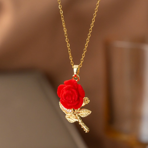 French Romantic Red Rose Flower Pendant Necklace Stainless Steel Gold Silver Plated Zirconia Jewelry For Women Valentine Gift
