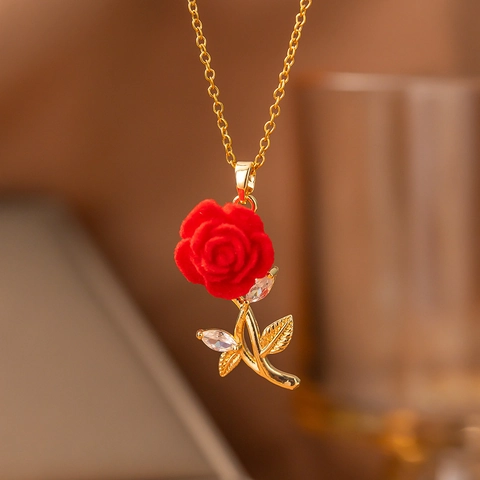 French Romantic Red Rose Flower Pendant Necklace Stainless Steel Gold Silver Plated Zirconia Jewelry For Women Valentine Gift