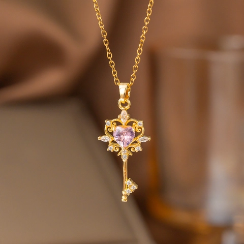 Pendant Necklace Pink Cubic Zirconia Copper 18K Gold Plated Heart Butterfly Clover Chic Fashion Jewelry For Women