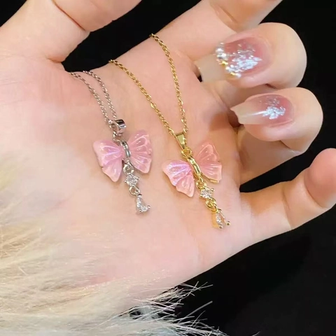 Sweet Pink Butterfly Tassel Pendant Necklace Titanium Steel Chain Zirconia Waterdrop Choker Women Elegant Jewelry Gift