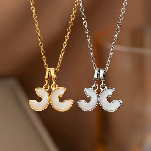 Edelstahl Perlmutt Strass Doppel C Anhänger Halskette Elegante Schlüsselbeinkette Schmuck Für Damen Gold Silber