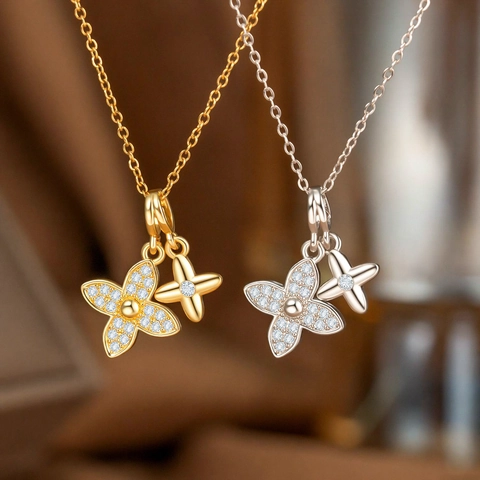 Luxus Edelstahl Halskette Mit Vierblättrigem Blumenanhänger Für Damen Kupfer Zirkonia Eingelegte Doppelblume Schlüsselbeinkette