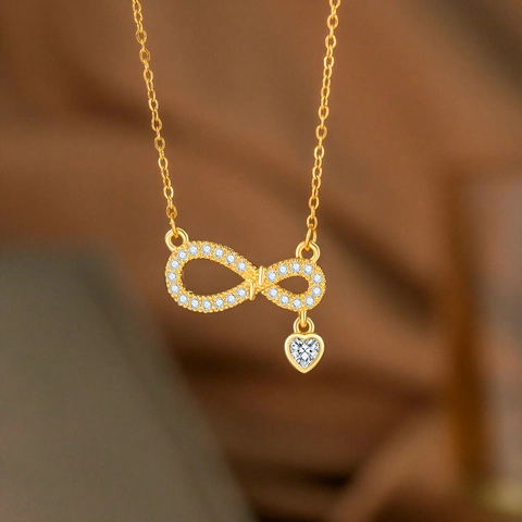 Elegant Stainless Steel Gold Infinity Necklace For Women Zirconia Heart Pendant Figure Eight Choker Wedding Party Jewelry Gift