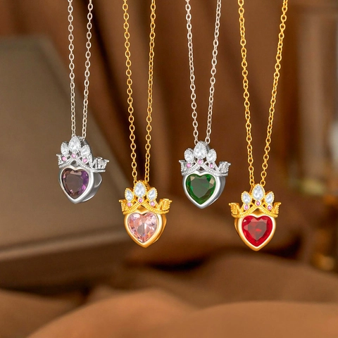 Stainless Steel Chain Copper Zirconia Heart Crown Pendant Necklace For Women Gold Silver Plated Princess Jewelry Mother Gift