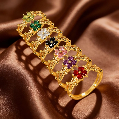 Vintage Copper Flower Open Ring For Women Zirconia Inlaid Adjustable Branch Vine Finger Ring Birthstone Jewelry Gift