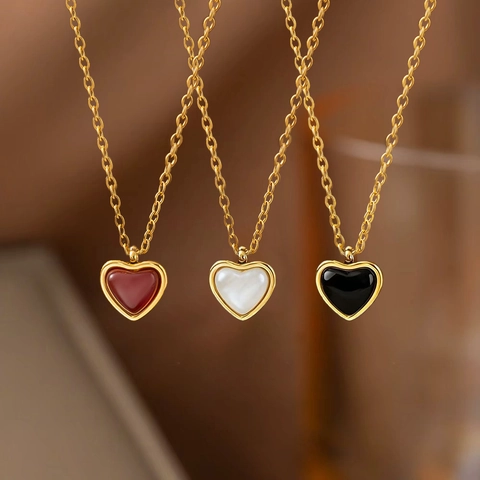Fashion Stainless Steel Heart Pendant Necklace For Women Gold Plated Agate Shell Style Clavicle Chain Jewelry Set Earrings