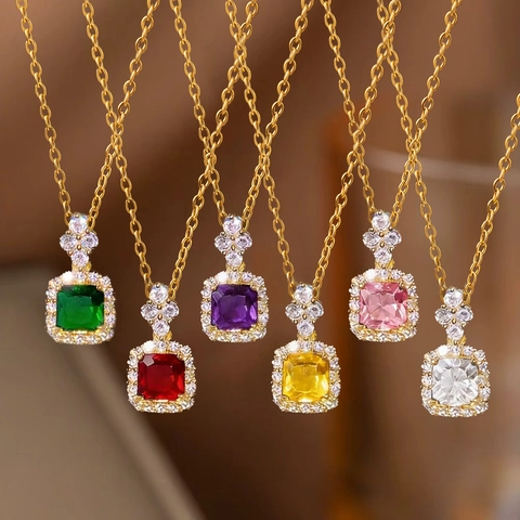 Luxury Copper Square Zirconia Pendant Necklace For Women Gold Plated Colorful Gemstone Rhinestone Halo Chain Necklace Jewelry Gift